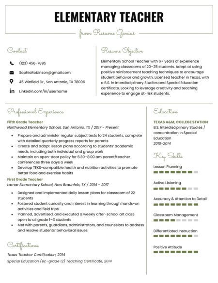 Resume Template For Elementary School Teacher - Classpawa